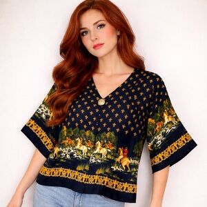 Vintage Equestrian Print Boxy Button Front Top Repeating Gold Fleur-de-Lis Print